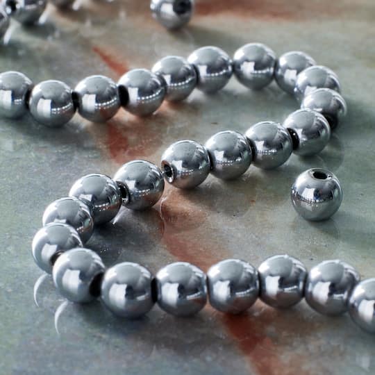 12 Pack: Rhodium Reconstituted Hematite Round Beads by Bead Landing